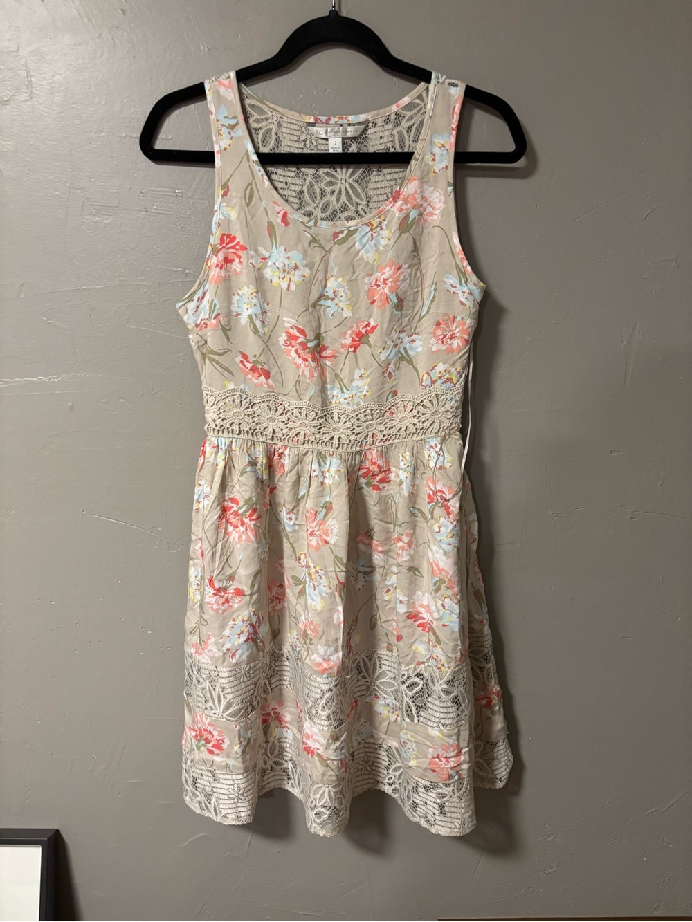 LC Lauren Conrad Beige Floral Tank Dress with Pink & Light Blue Blooms